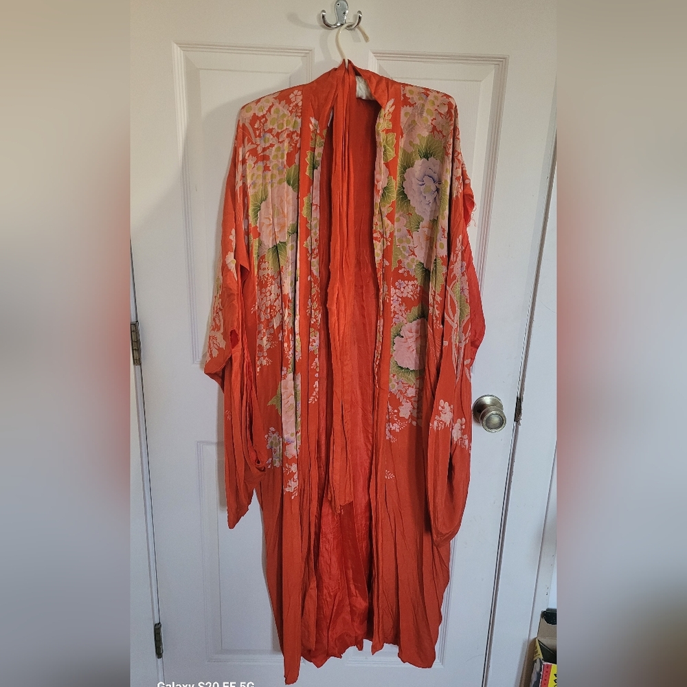 Vintage Silk Japanese Kimono Red Hand Painted Floral